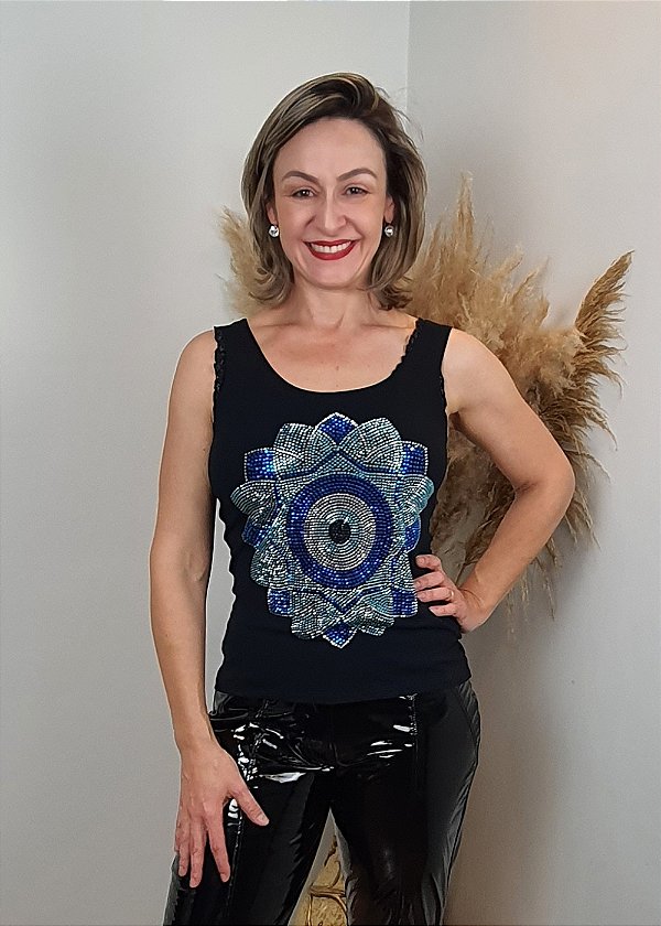 Regata Feminina Preta Mandala Olho Grego Azul Pedraria