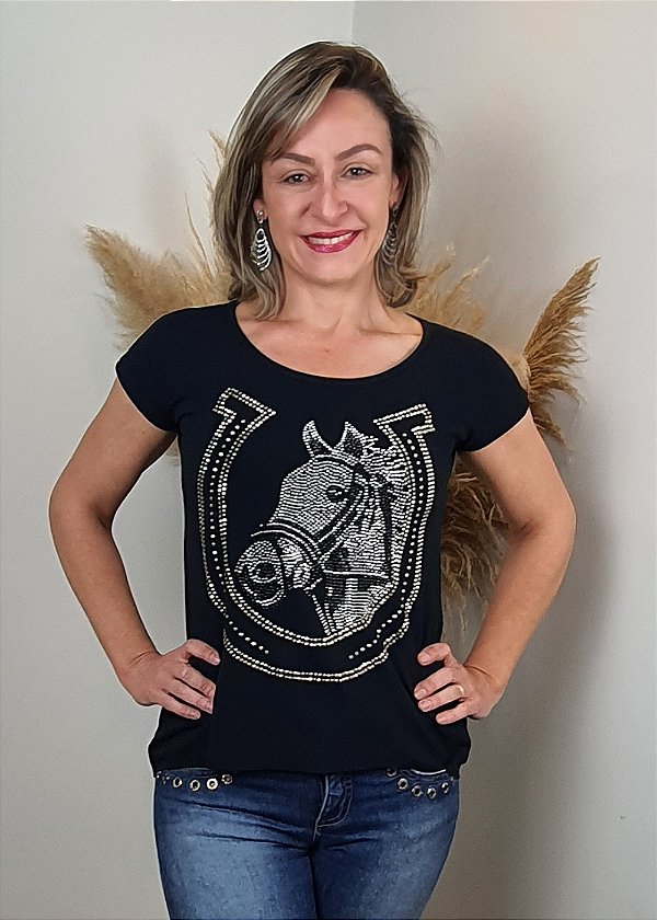 T-shirt Feminina Preta Cavalo na Ferradura Pedraria