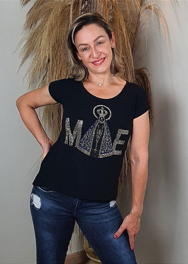 T-shirt Feminina Preta Nossa Senhora Mãe Pedraria