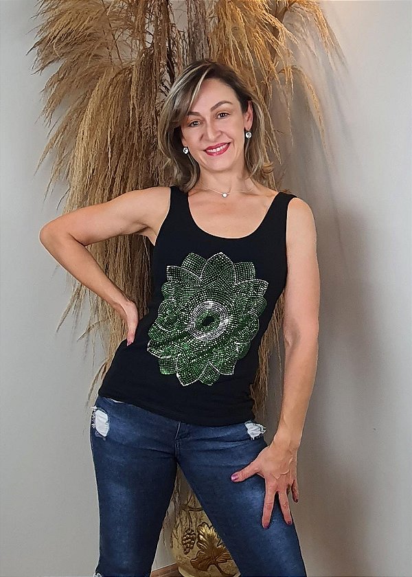 Regata Feminina Preta Mandala Olho Grego Verde Pedraria
