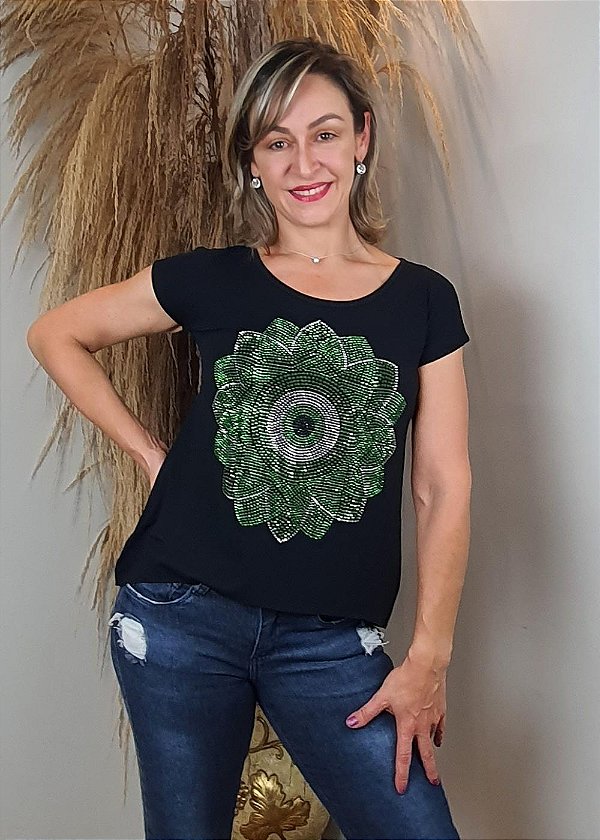 T-shirt Feminina Preta Mandala Olho Grego Verde Pedraria