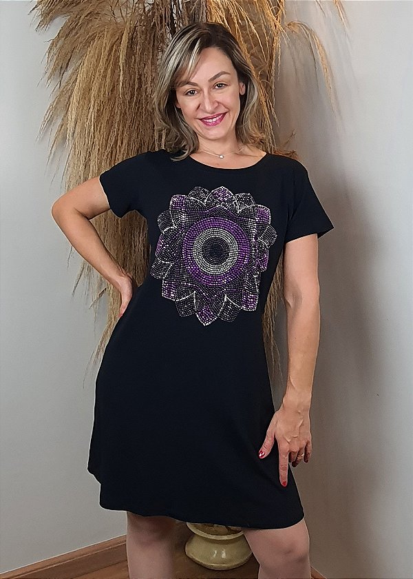 Vestido Em Malha Preto Mandala Olho Grego Roxo Pedraria