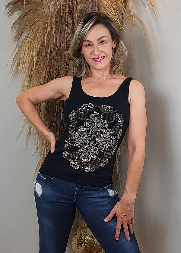 Regata Feminina Preta Mandala Triângulo Nude Pedraria