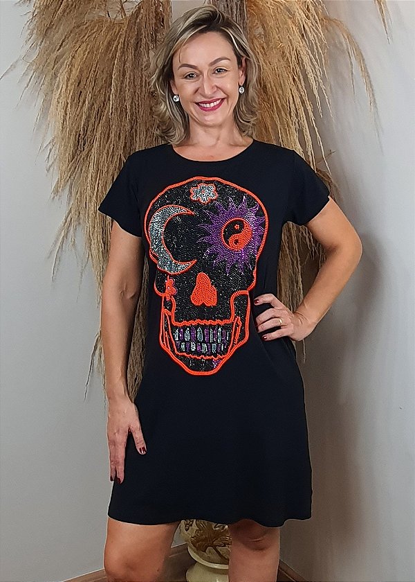 Vestido Em Malha Preto Caveira Colors Laranja Pedraria
