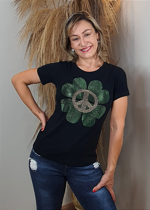 T-shirt Feminina Preta Baby Look Trevo Quatro Folhas Verde Pedraria