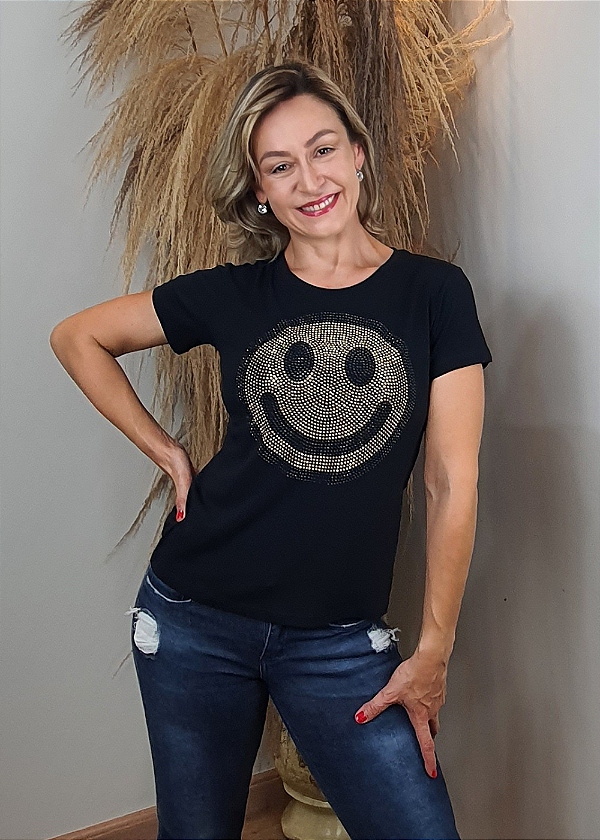 T-shirt Feminina Preta Baby Look Smile Dourado Pedraria