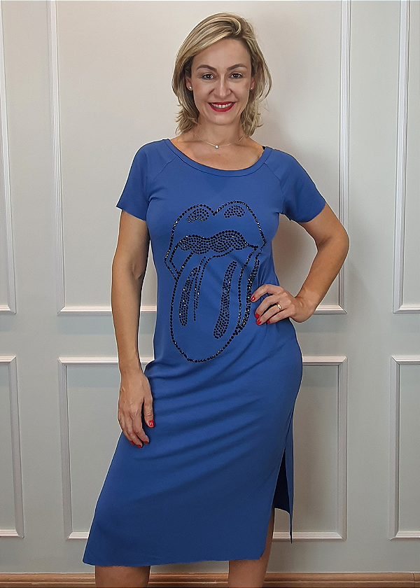 Vestido Midi em Malha Azul Rolling Stones Contorno Preto Pedraria