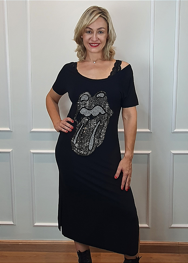 Vestido Midi em Malha Preto Rolling Stones Prata Pedraria