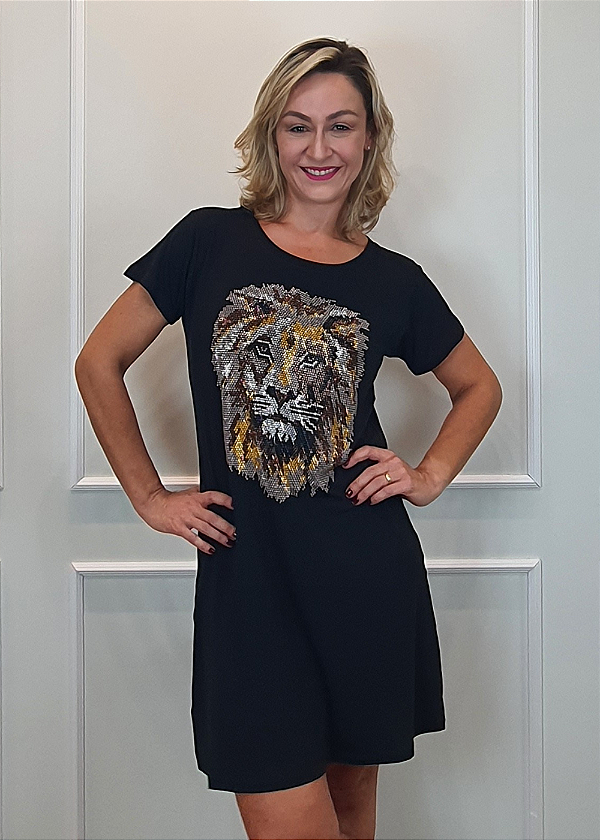 Vestido Em Malha Preto Leão Colors Pedraria