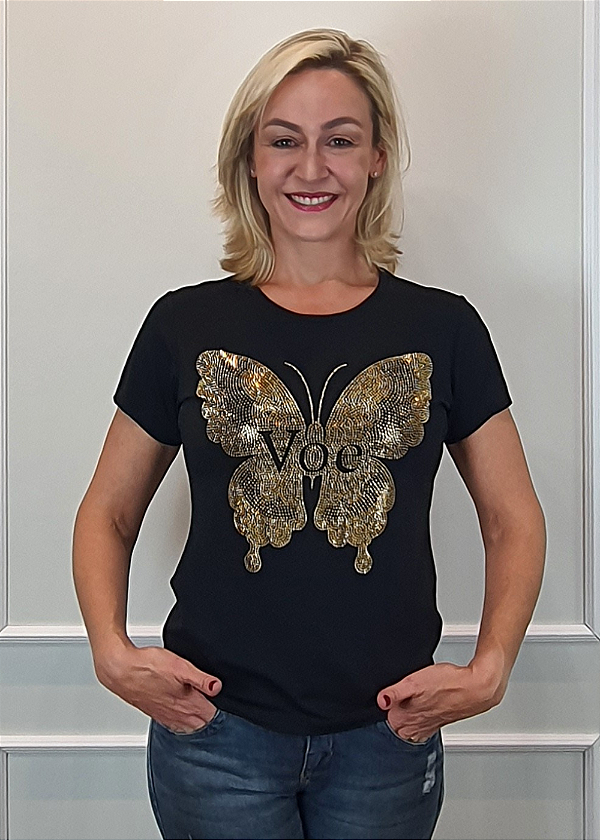 T-shirt Feminina Preta Baby Look Borboleta Voe Dourada Pedraria