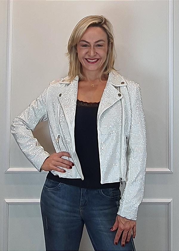 Jaqueta Star Feminina Branca Com Strass Prata Brilhante Pedraria
