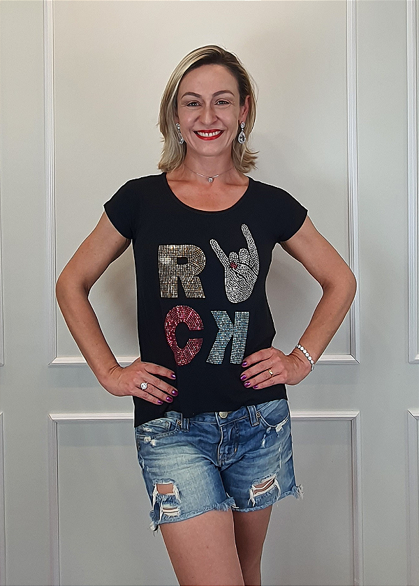 T-shirt Feminina Preta Rock Colors Pedraria