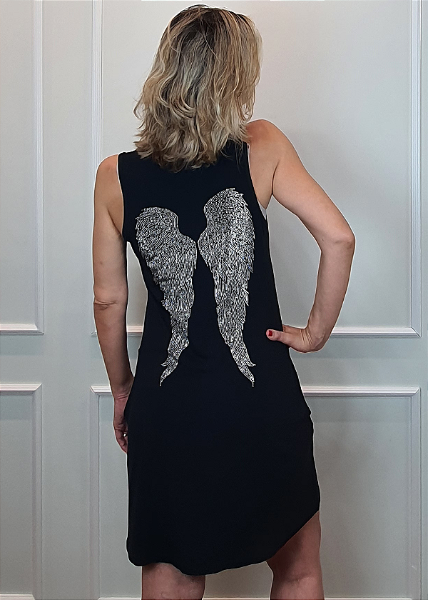 Vestido Regata em Malha Preto Asa de Anjo Prata Pedraria