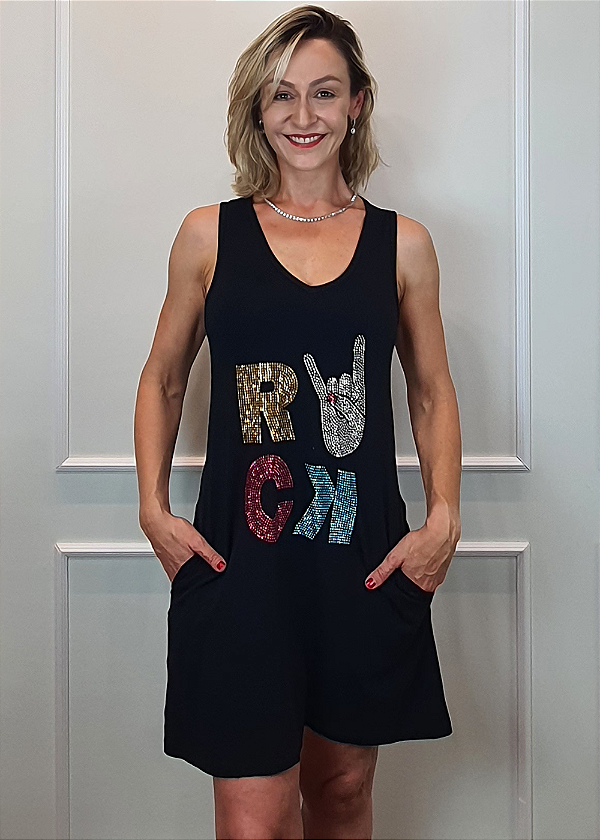 Vestido Regata em Malha Preto Rock Colors Pedraria