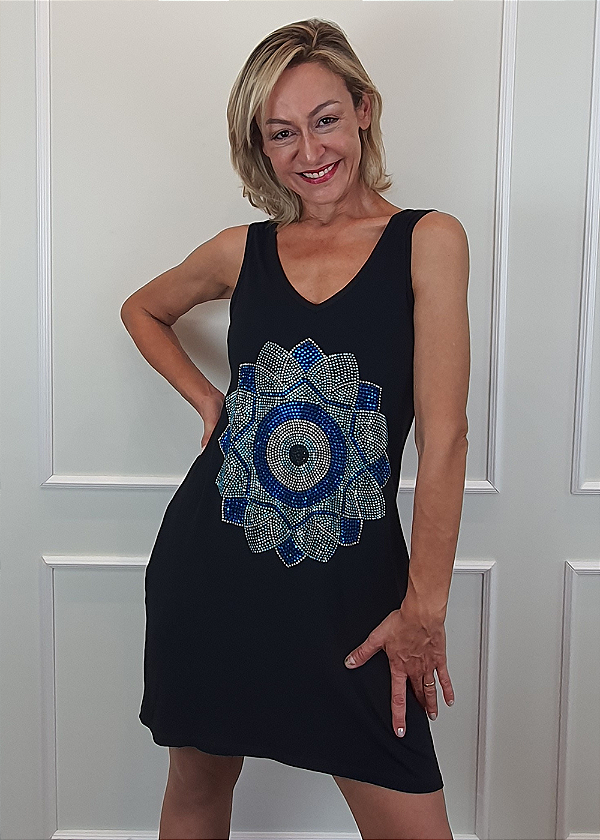 Vestido Regata em Malha Preto Mandala Olho Grego Azul Pedraria