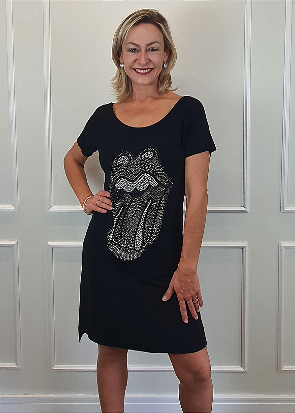 Vestido em Malha Preto Curto Rolling Stones Prata Pedraria