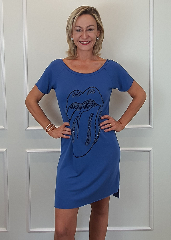 Vestido em Malha Azul Curto Rolling Stones Contorno Preto Pedraria