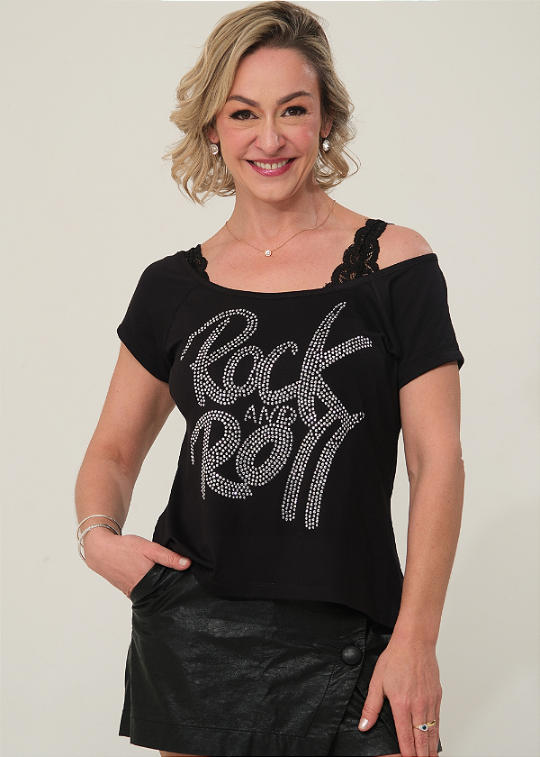 Tshirt Feminina Preta Gola Canoa Rock And Roll Prata Pedraria
