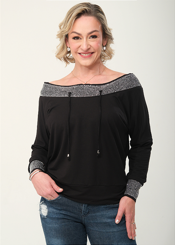Blusa Feminina Ombro a Ombro Manga Morcego Pedraria Prata