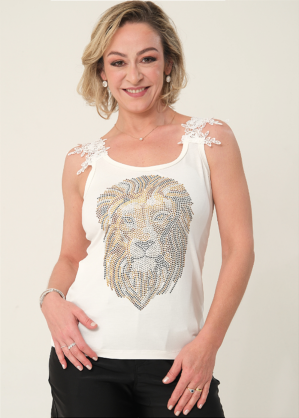 Regata Feminina Off White Alça Renda Leão Colors Pedraria