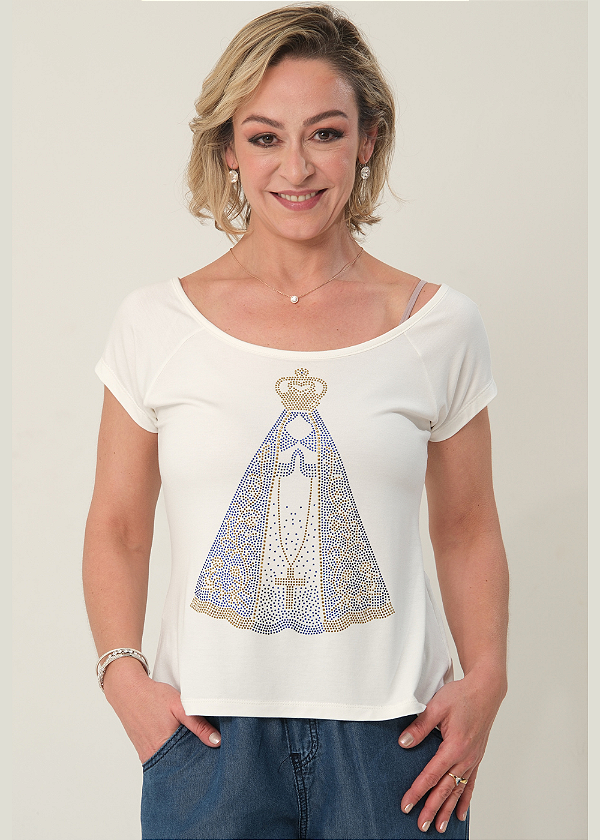 Tshirt Feminina Off White Gola Canoa Nossa Senhora Pedraria