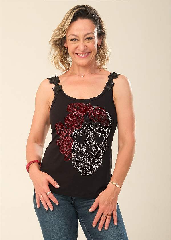 Regata Feminina Preta Alça Flor Paetê Caveira Rosas Pedraria