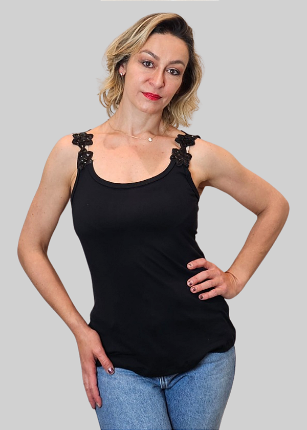 Regata Feminina Preta Basica Alça Flor Paetê