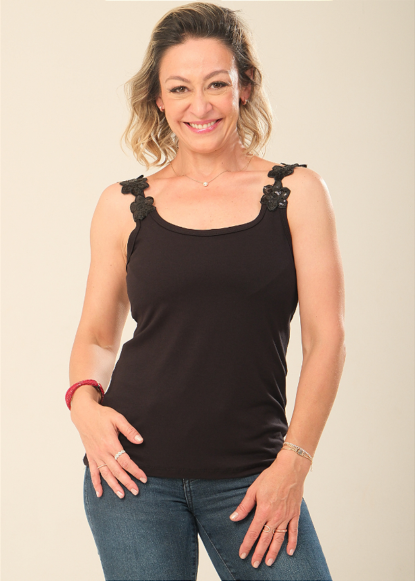 Regata Feminina Preta Basica Alça Flor Paetê