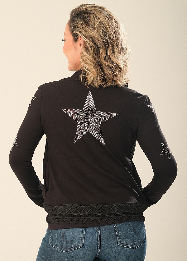 Jaqueta Feminina Preta Moletinho com Renda Estrelas Prata Pedraria