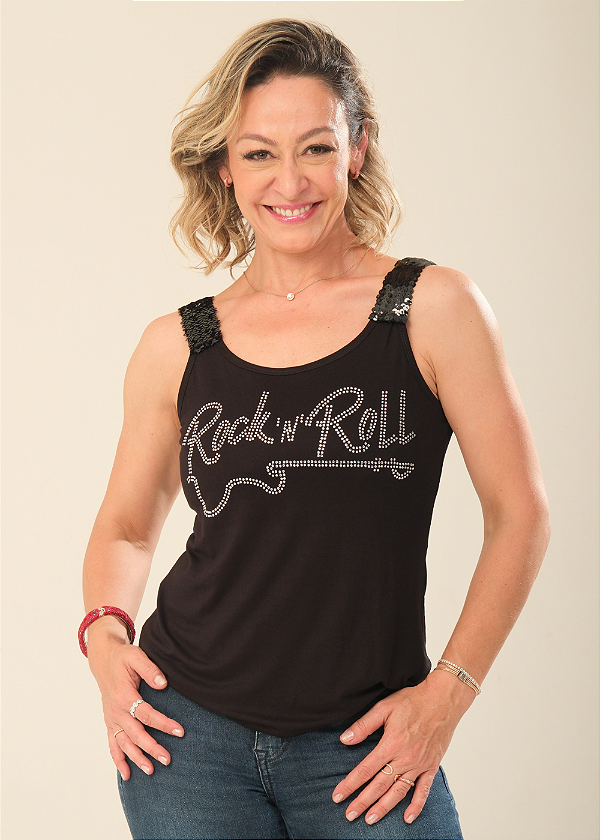 Regata Feminina Preta Alça Paetê Rock 'N' Roll Guitarra Prata Pedraria