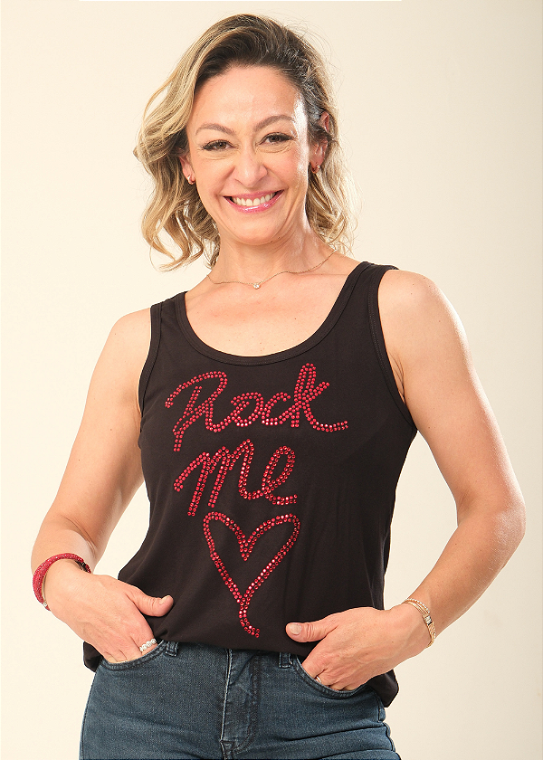 Regata Feminina Preta Rock Me Vermelho Pedraria