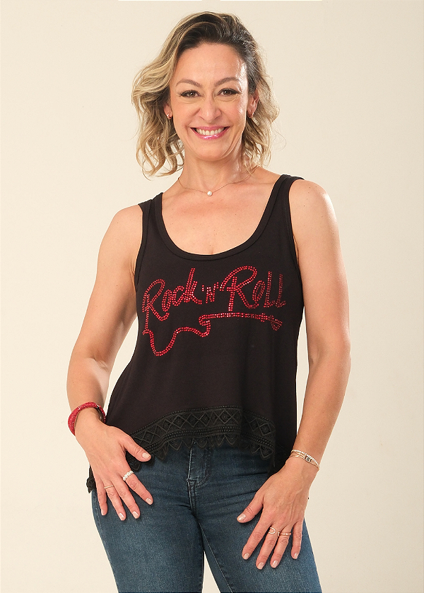Regata Cropped Feminino Preto Rock 'N' Roll Guitarra Vermelha Pedraria