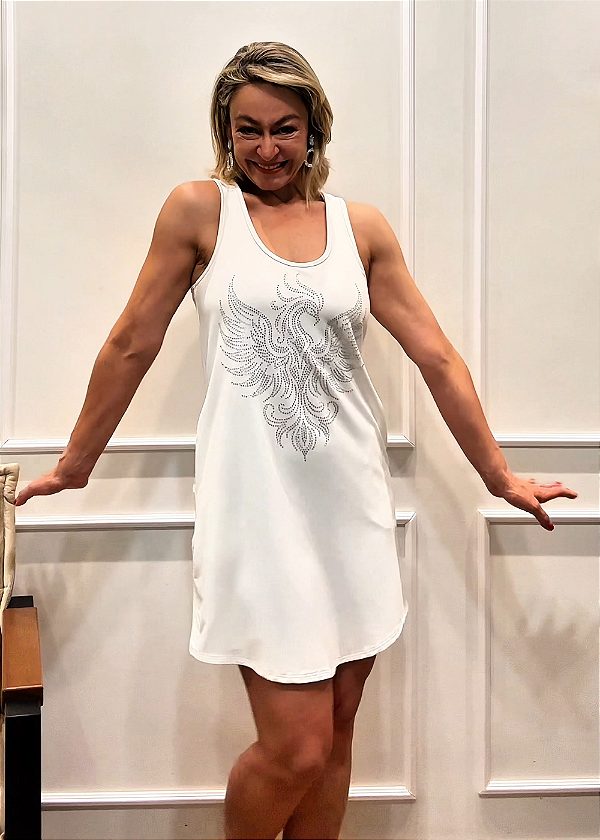 Vestido Regata Nadador Moletinho Off White Fenix Prata Crystal Pedraria