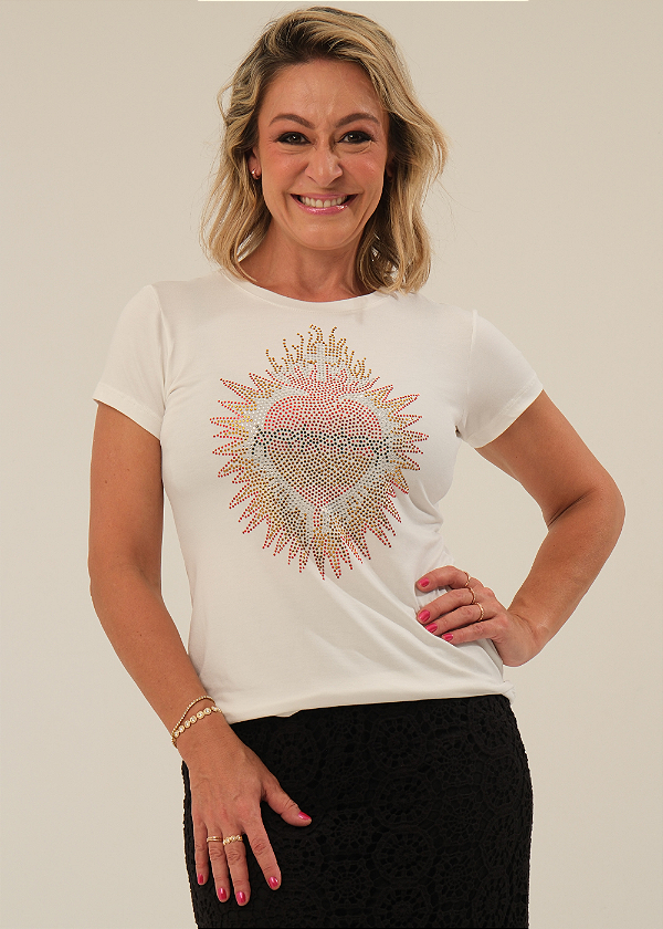 Tshirt Feminina Baby Look Off White Sagrado Coração de Jesus Crystal Pedraria