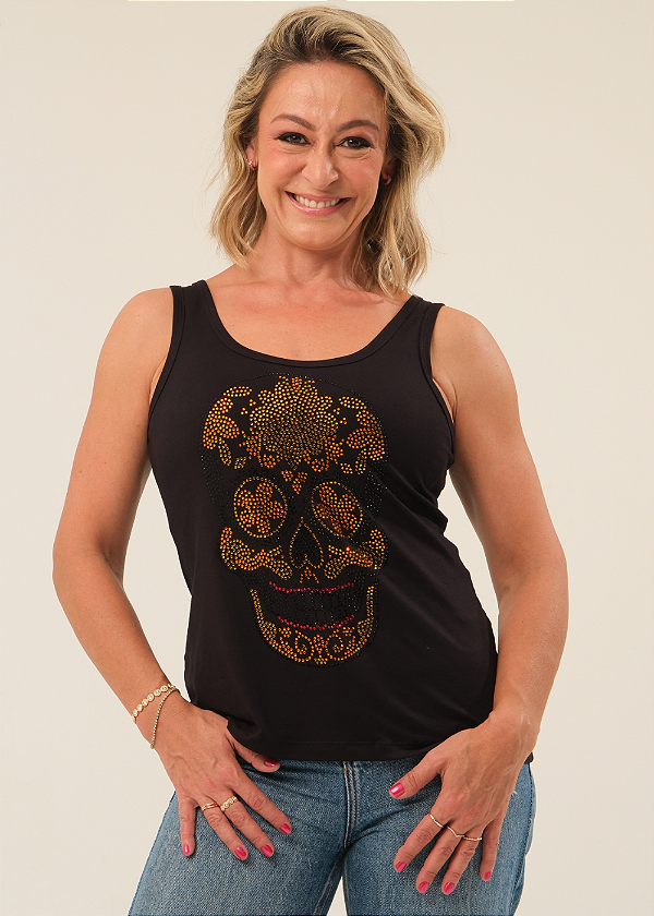 Regata Feminina Preta Caveira Mexicana Crystal Pedraria