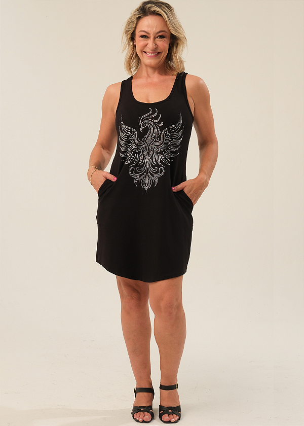 Vestido Regata Nadador Moletinho Preto Fenix Crystal Prata Pedraria