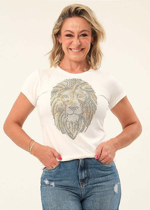 Tshirt Feminina Baby Look Off White Leão Colors Crystal Pedraria
