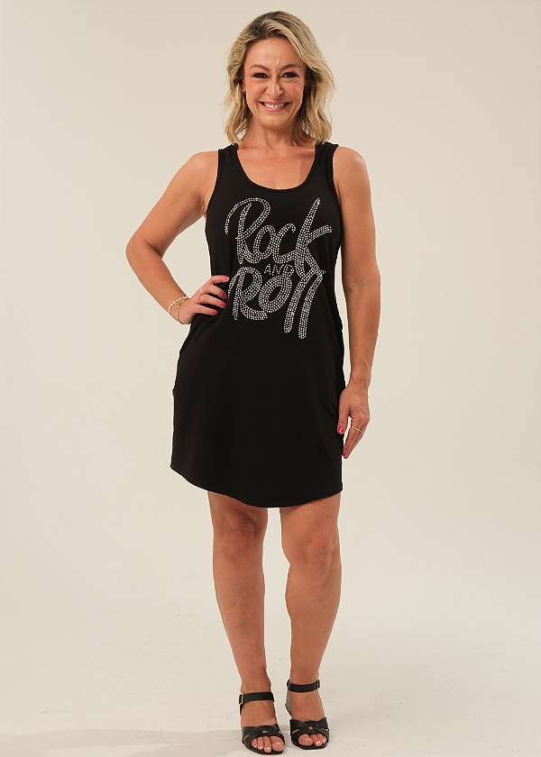 Vestido Regata Nadador Moletinho Preto Rock And Roll Prata Pedraria