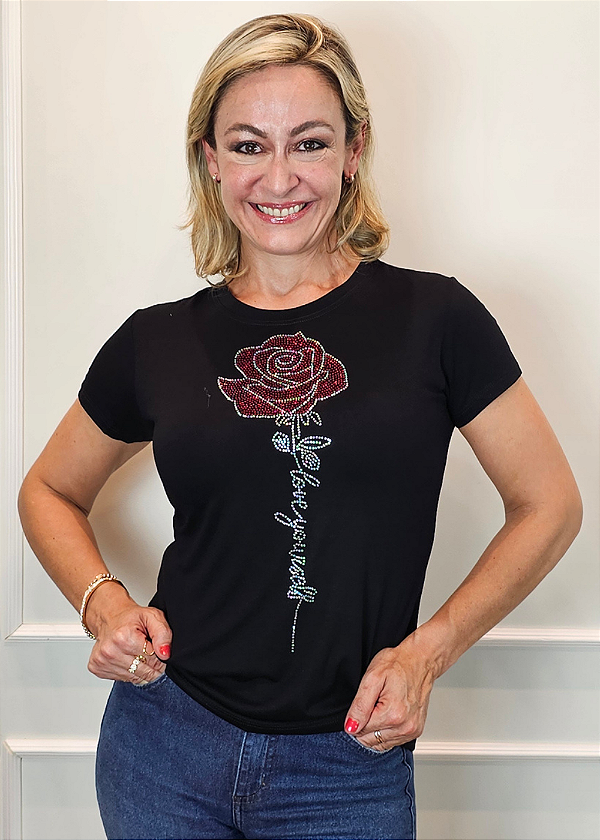 Tshirt Feminina Baby Look Preta Rosa Love Yourself Pedraria TRC