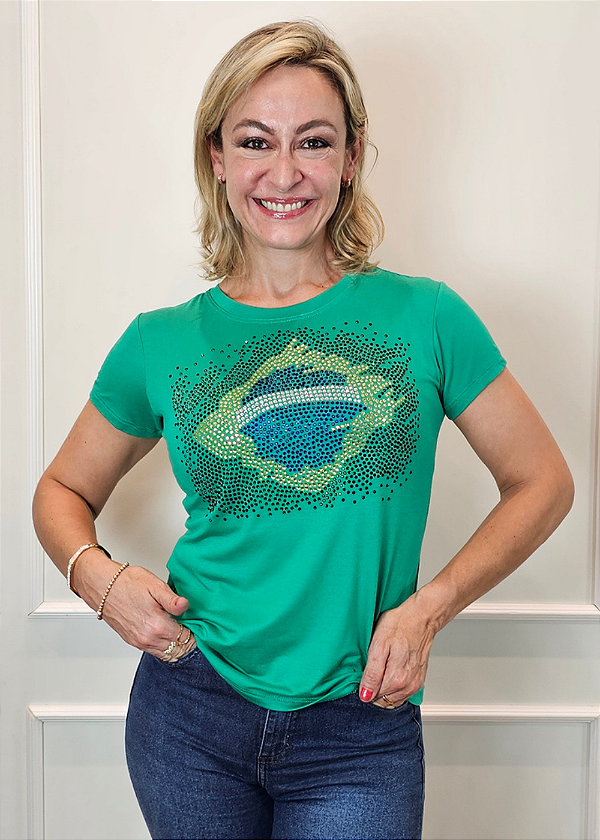 Tshirt Feminina Baby Look Verde Brasil Bandeira Crystal Pedraria TRC