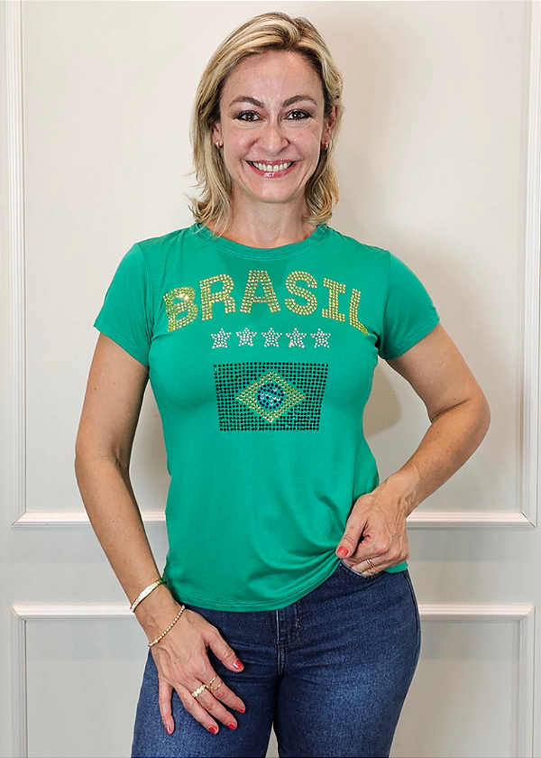 Tshirt Feminina Baby Look Verde Brasil Estrelas Crystal Pedraria TRC