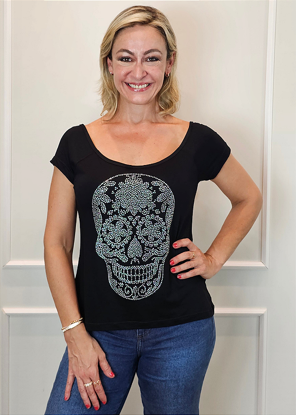 Tshirt Feminina Preta Gola Canoa Caveira Mexicana Crystal Prata Pedraria TRC