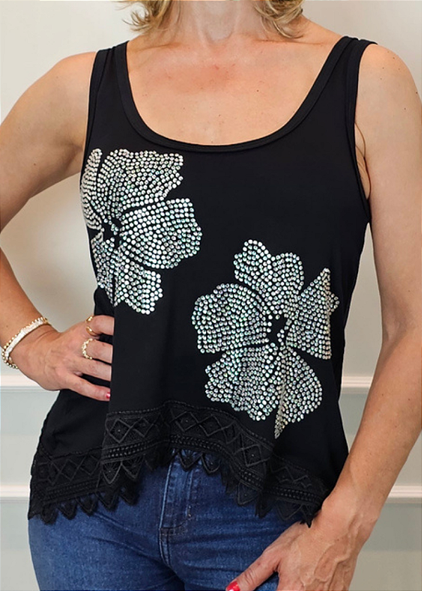 Regata Cropped Feminino Preta Flores Crystal Prata Pedraria TRC