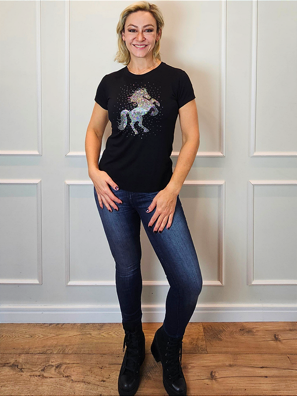 Tshirt Feminina Baby Look Preta Cavalo Prata Crystal Pedraria