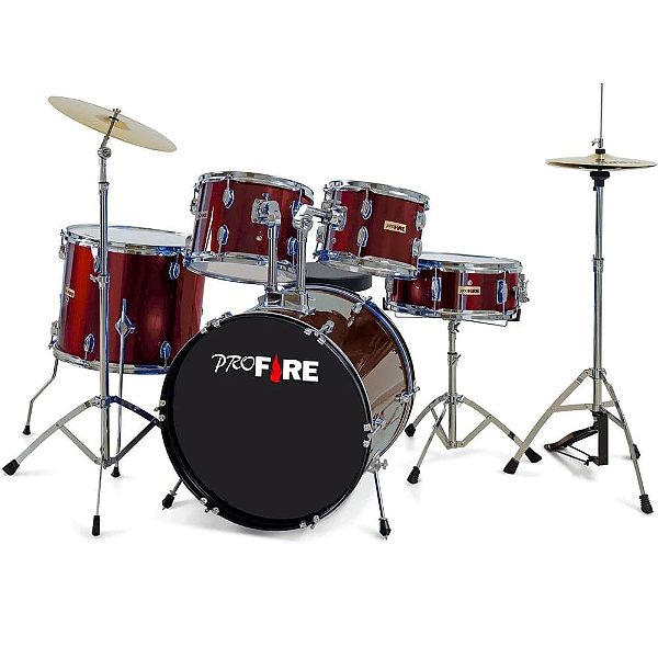 Bateria Acústica Pro Fire Vinho Ferragens Cromadas Completa + Banqueta