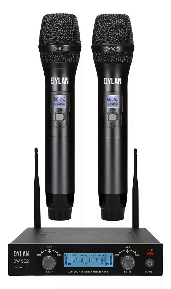 Microfone Dylan DW-902 Power Sem Fio Duplo Uhf 2x 100 Canais