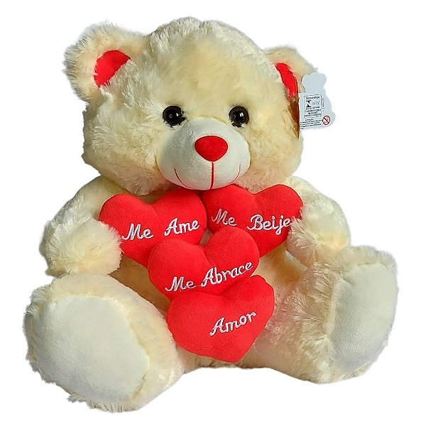Urso De Pelúcia Coração 40cm Me Abrace Amor - Creme