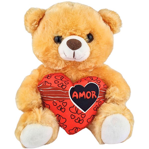 Urso De Pelúcia Com Coração Eu Amo Você Caramelo 20cm