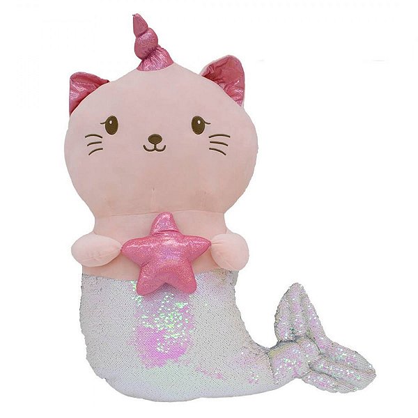 Sereia De Gato Rosa Chifre Lantejoulas Rosa Prateado 55cm