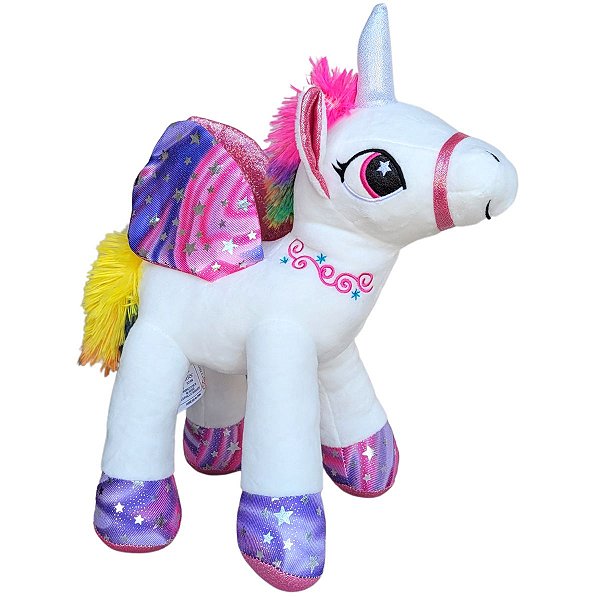Unicórnio de Pelúcia Branco Lilás e Colorido em Pé Plush
